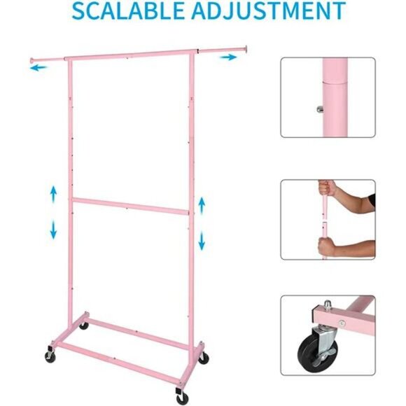 Double Rod Clothing Garment Rack, Metal Organizer with Lockable Wheels (Pink) - Picture 1 of 6